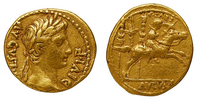Both sides of a coin depicting Roman emperor Augustus